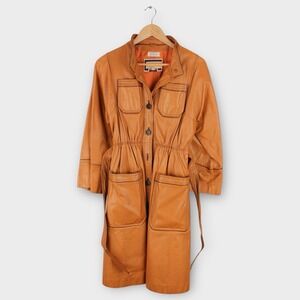 Vintage 70s Suburban Heritage Leather Trench Coat Jacket Brown Belted Women's 10